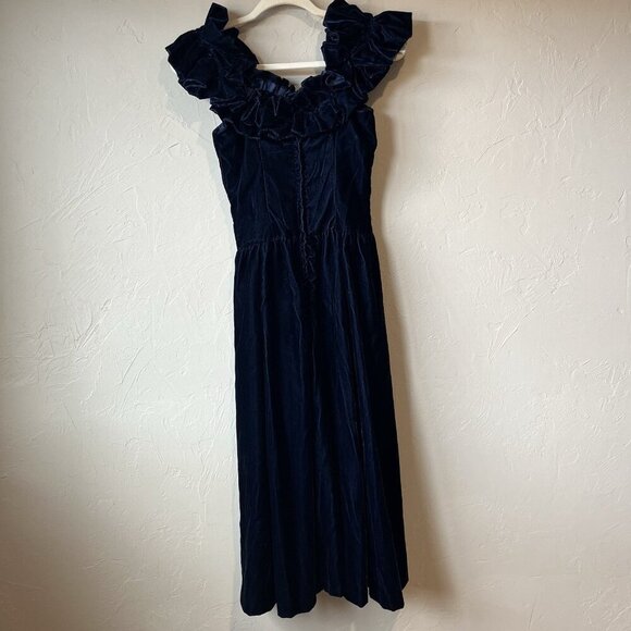 Vintage Velvet Blue Prom Event Evening Wedding Fancy Handmade Drop Waist Ruffle - Picture 6 of 7